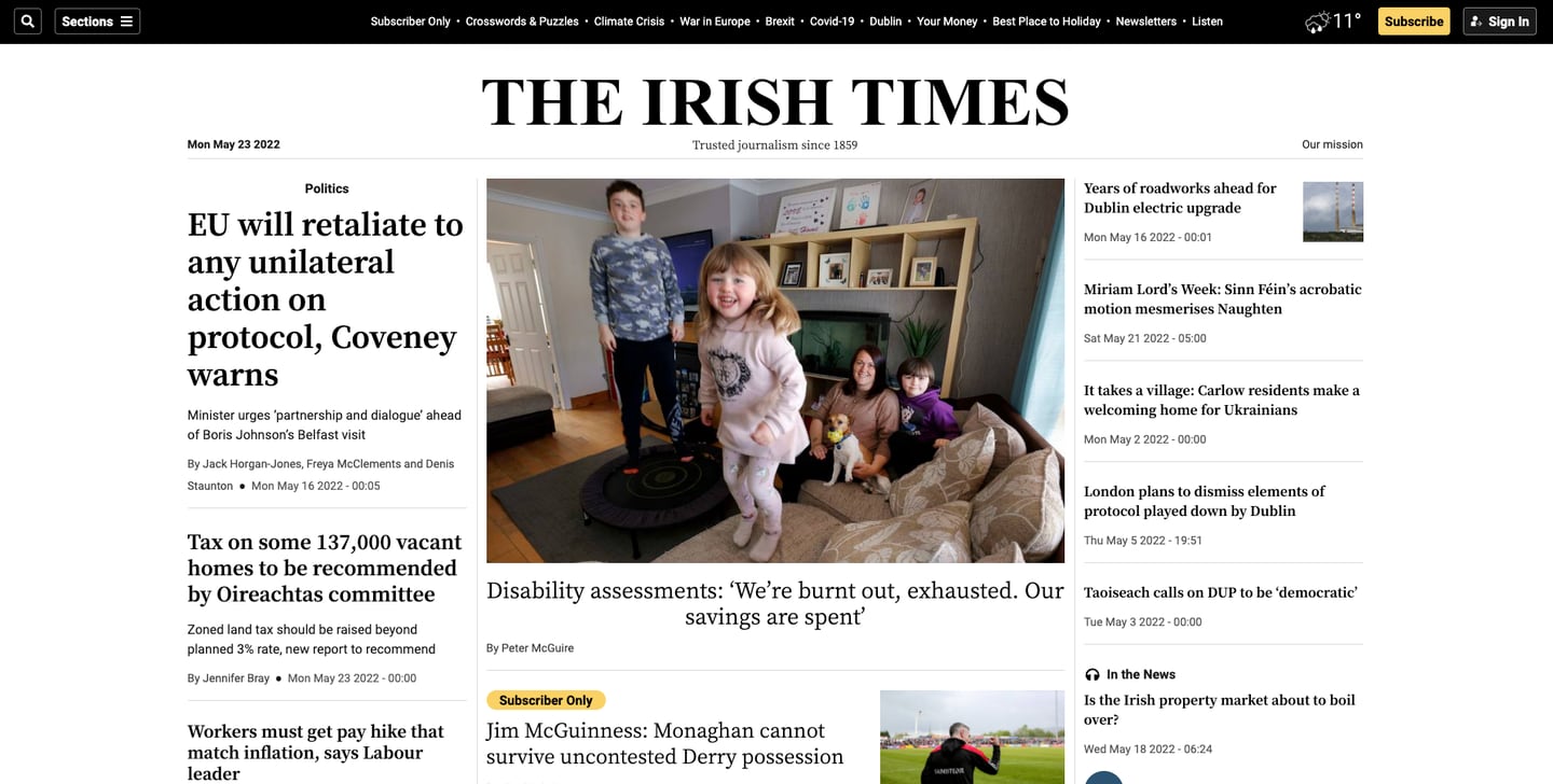 The desktop homepage of the new Irish Times website